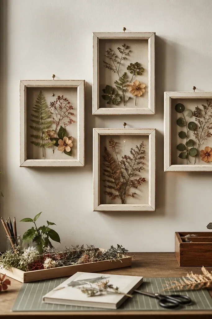 Three small shadowbox frames with pressed flowers on a light wall