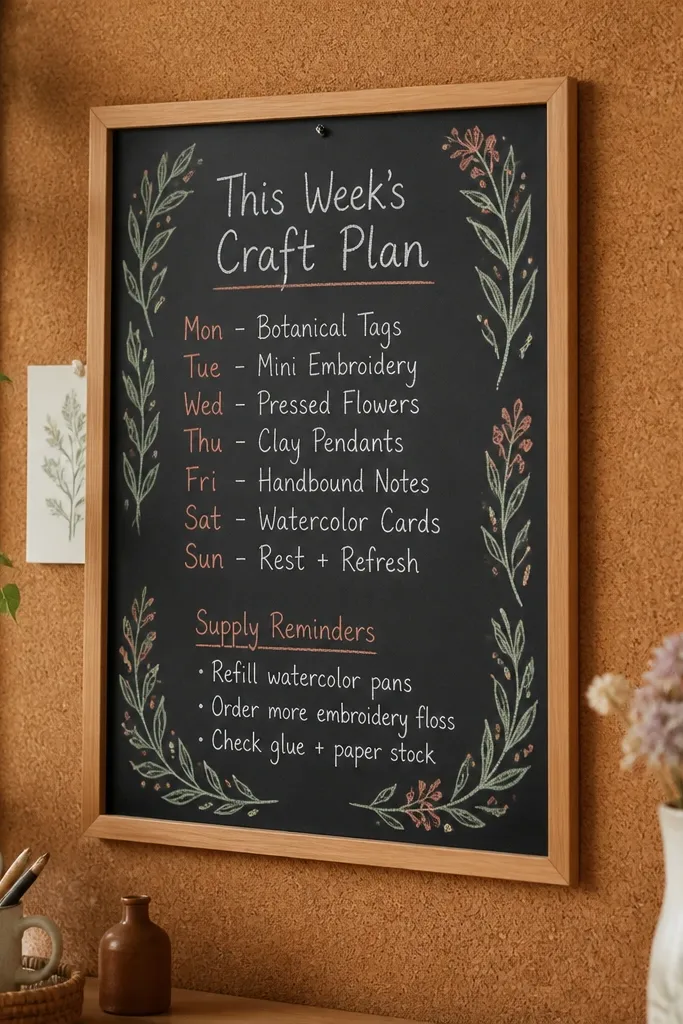 Small framed chalkboard with handwritten weekly craft plan and doodle botanical borders