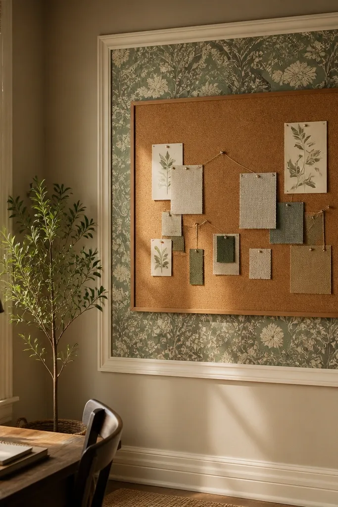 Removable botanical wallpaper panel behind a cork board with pinned notes