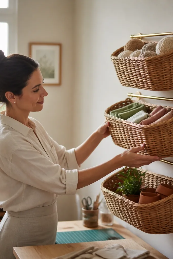 Three woven baskets mounted on a wall with small plants and craft supplies inside