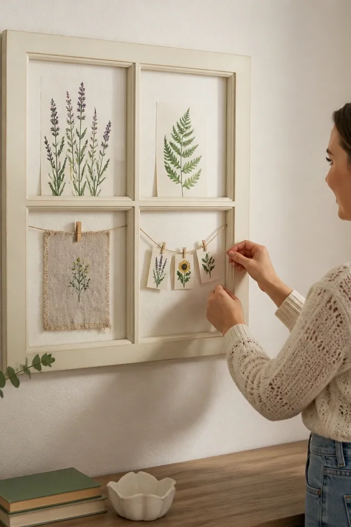 White faux window frame art with small botanical prints inside, hung with removable hardware