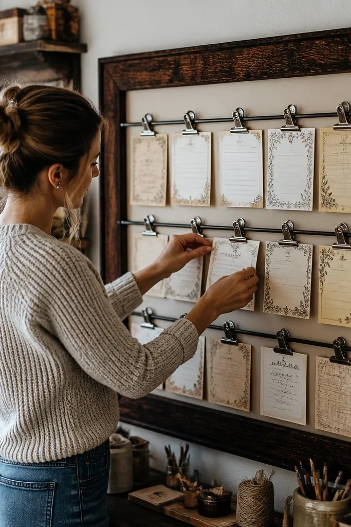 Recipe card display with clothespins holding craft notes in a cream frame