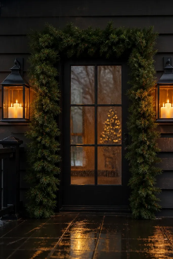 Two porch lanterns with faux evergreen garland and warm battery candles by the door