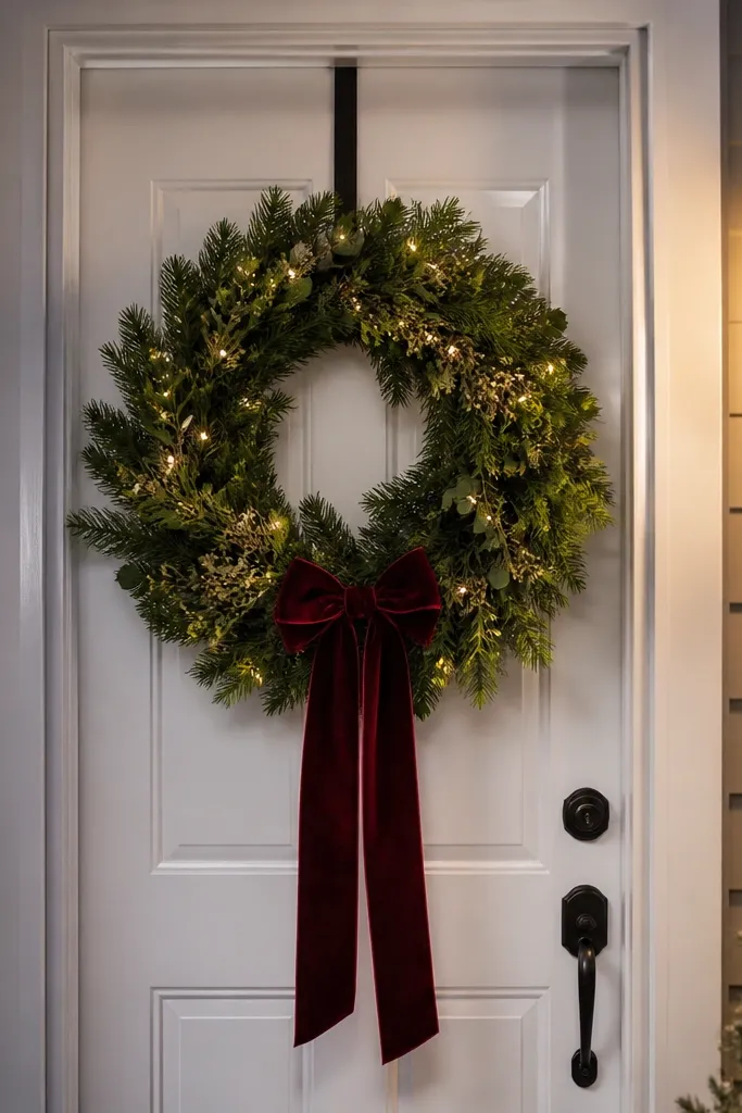 Green wreath on a front door with a long ribbon tail weighted at the bottom