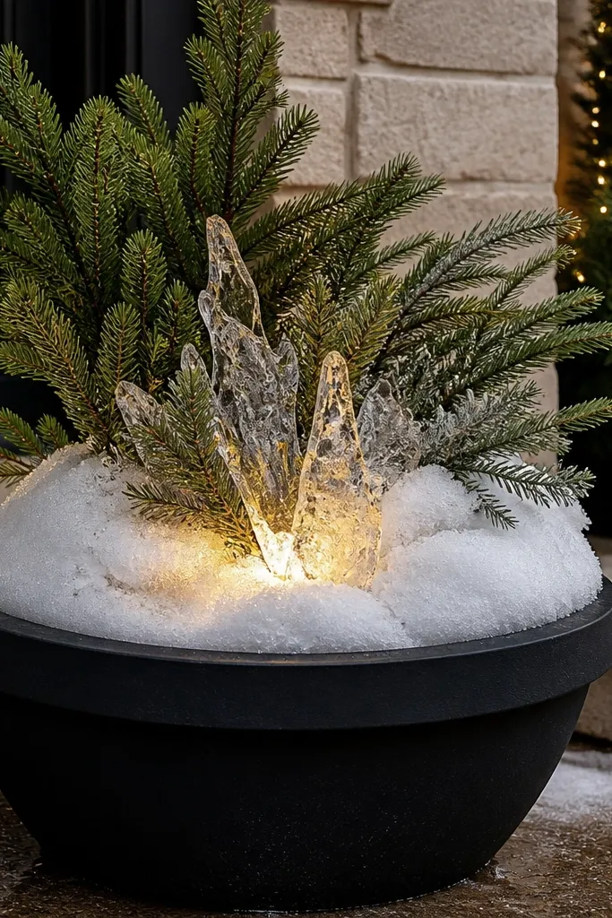 Outdoor planter with white faux snow, warm lights, and evergreen sprigs spilling over the edge