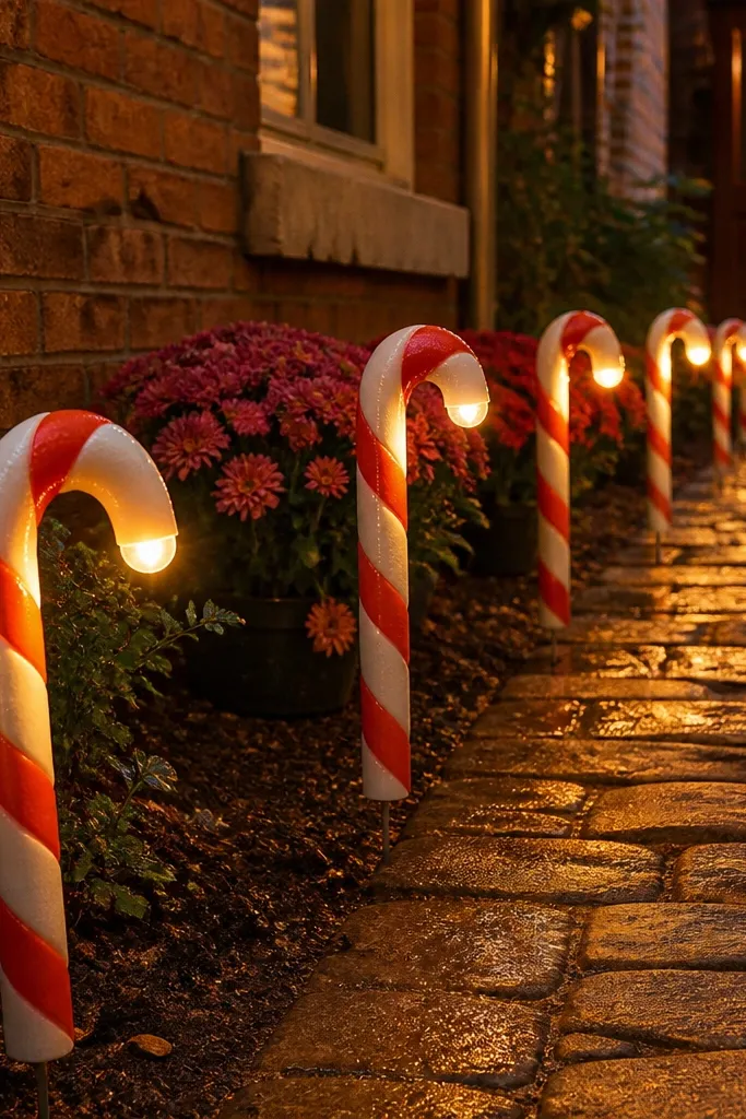 Red-and-white striped stakes lining a walkway with small warm LED dots