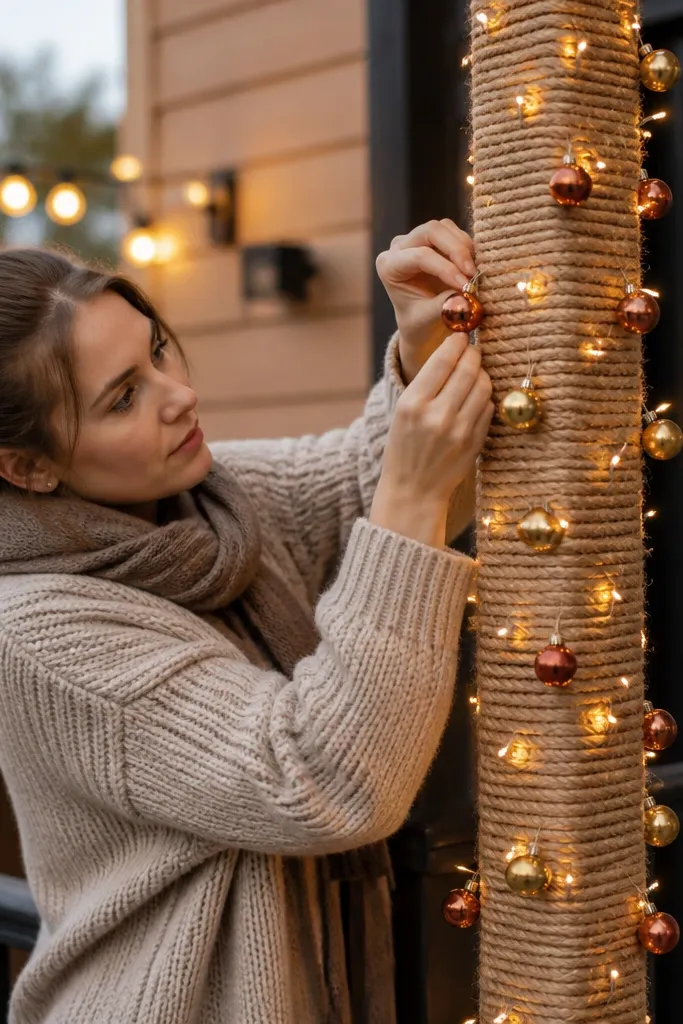 Rope-wrapped banister column with warm lights and small gold ornaments