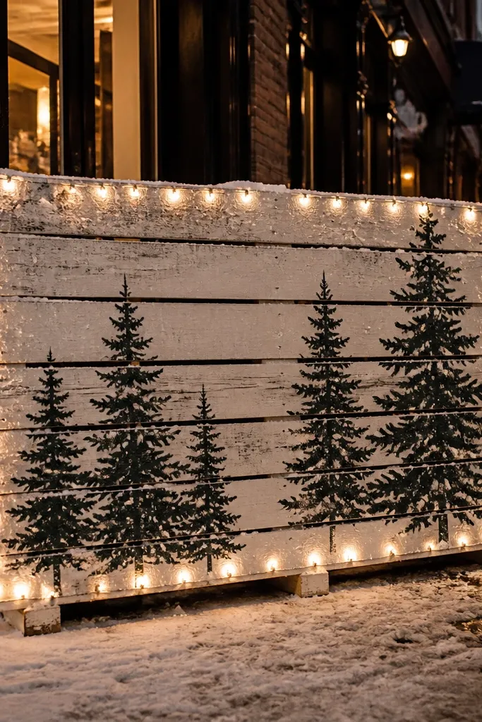 Hand-painted wooden pallet sign with fir tree silhouettes and warm white light border