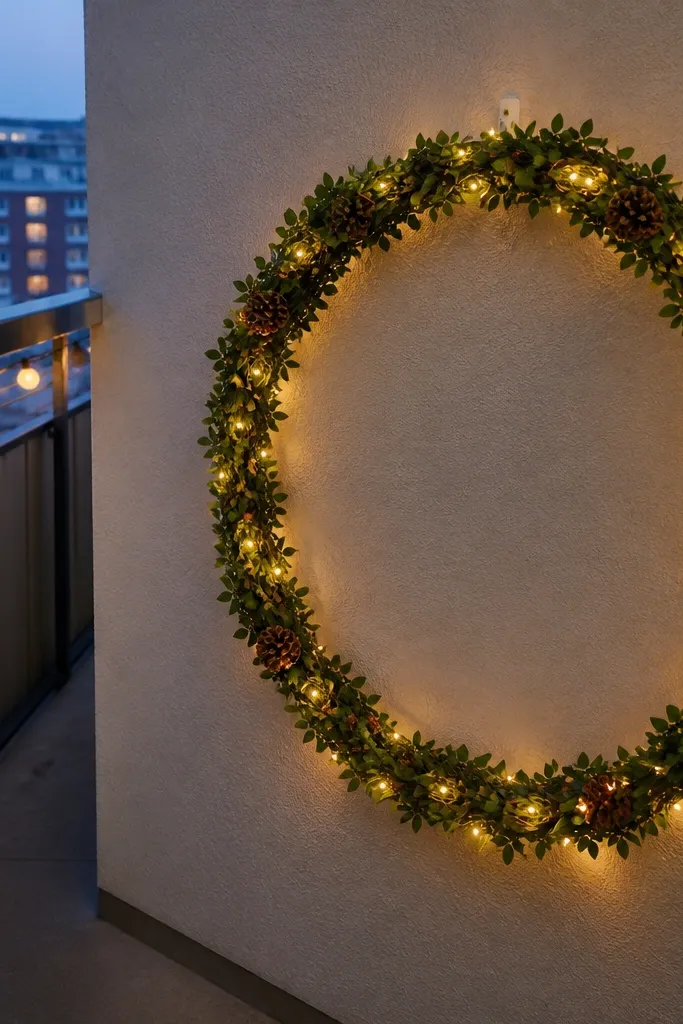 Hula hoop garland on balcony wall with faux greenery and warm string lights