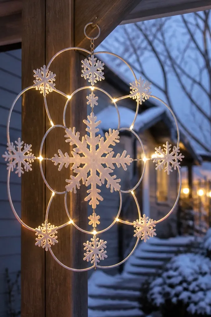 Hanging snowflake spinner made from hoops with white paper accents and warm LED dots
