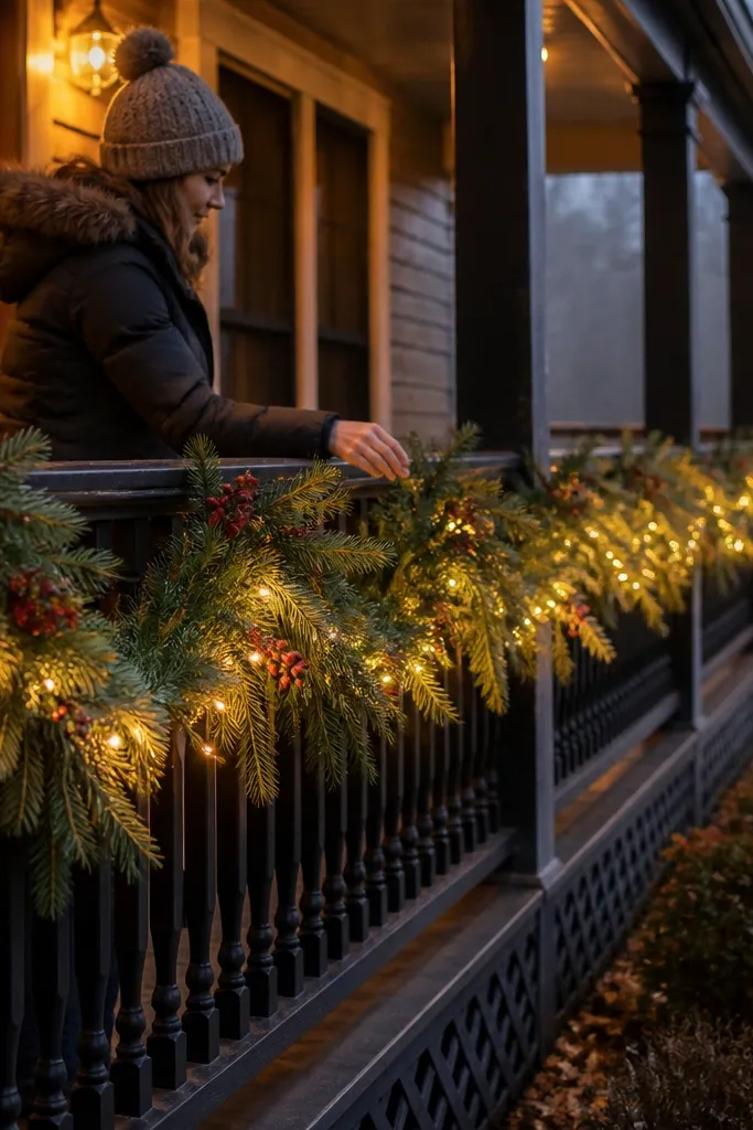 Wreath swag draped over porch railing with berry accents and warm white lights