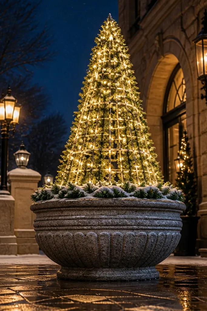 Small glowing evergreen cone made from PVC rings in a planter with warm lights