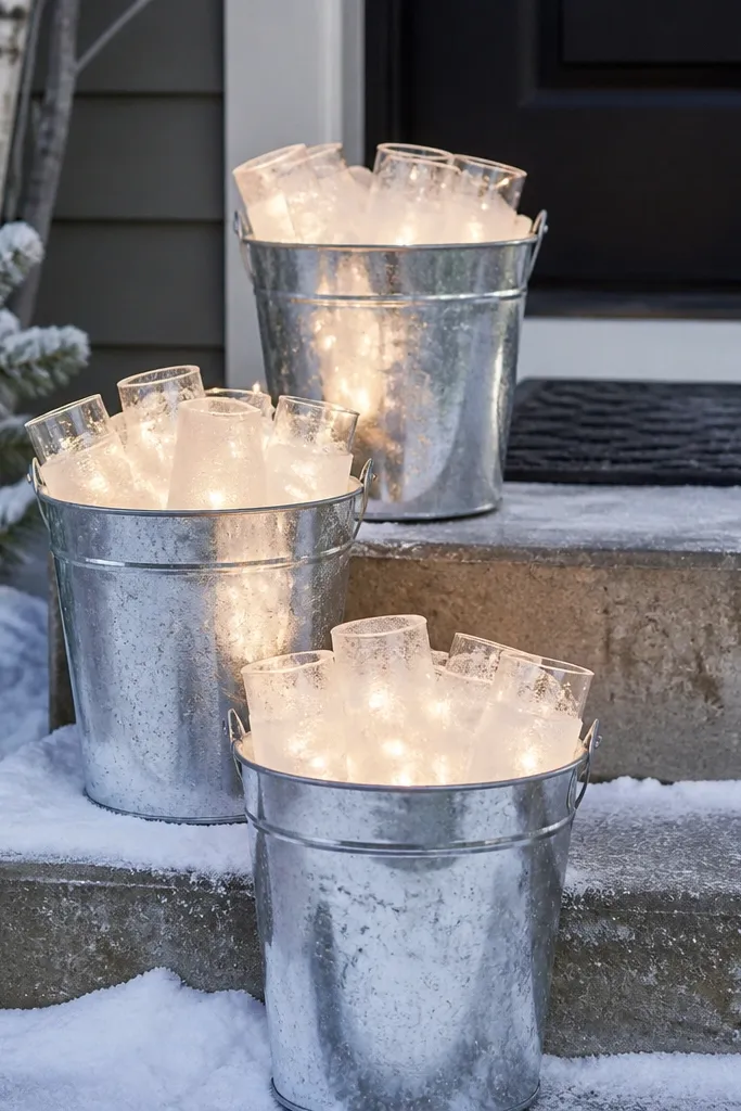 Galvanized pails with warm lights and frosted plastic "ice" pieces arranged on the porch steps