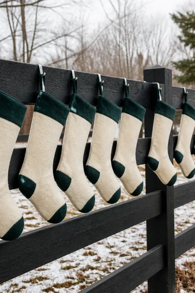 Row of felt stockings pinned along a fence with warm white lights behind