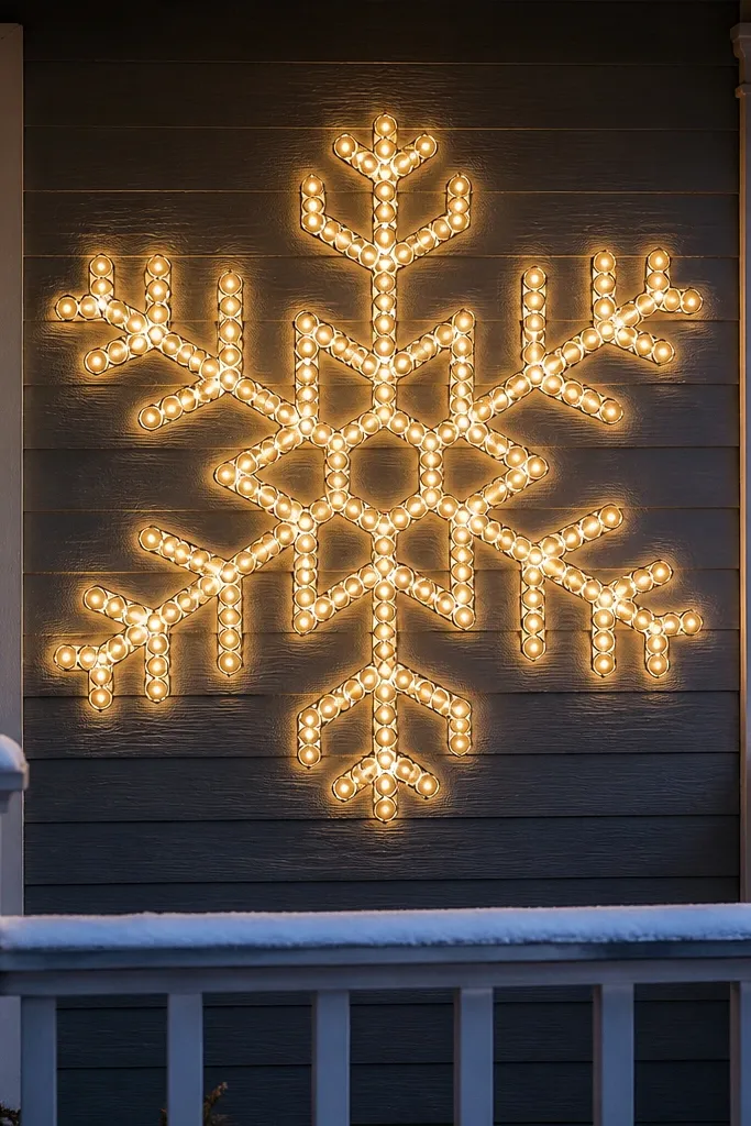 Large snowflake decoration made from plastic rings with warm lights at the spokes