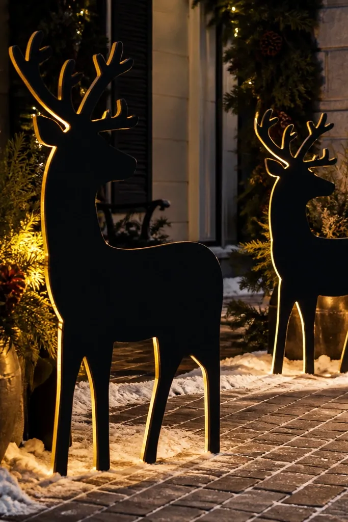 Two black reindeer silhouettes standing on the lawn with warm battery lights behind