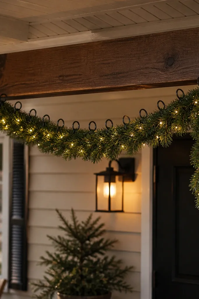 Garland swag on a porch beam with pine picks and warm lights hanging in even loops