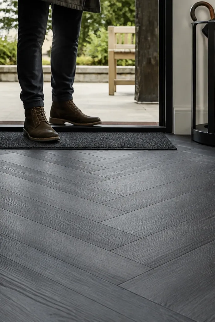 Dark graphite herringbone floor planks with matte finish in a small entry