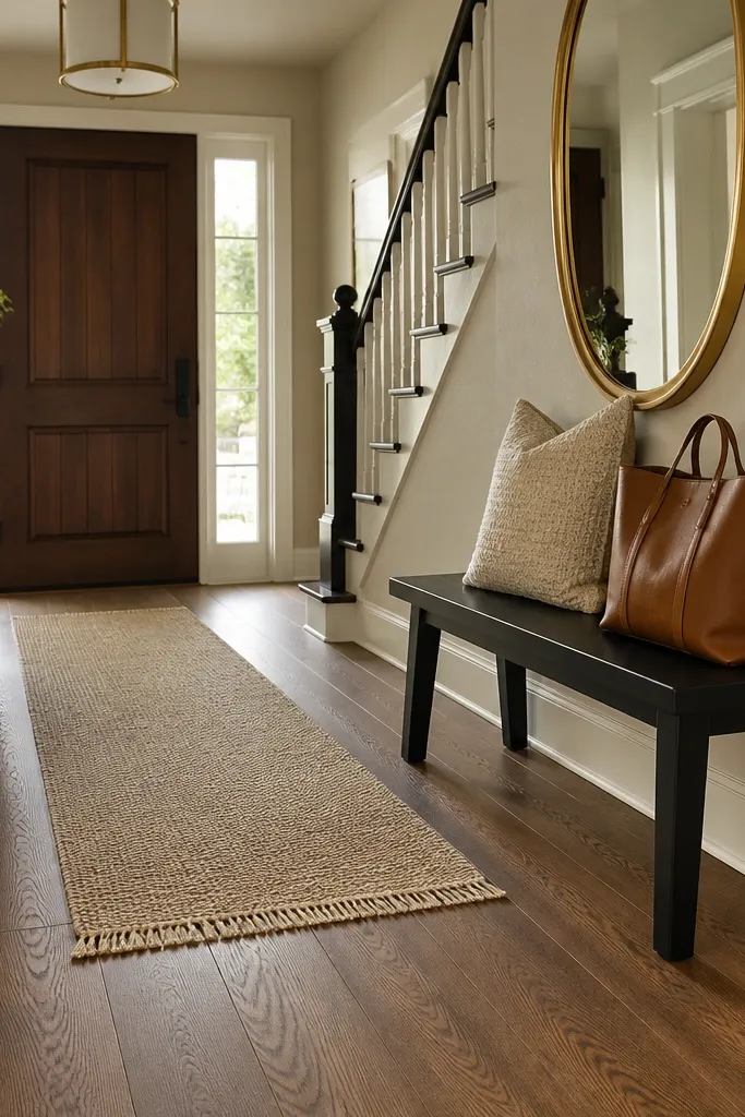 Warm oak wide planks with subtle knots and low sheen in a bright entry