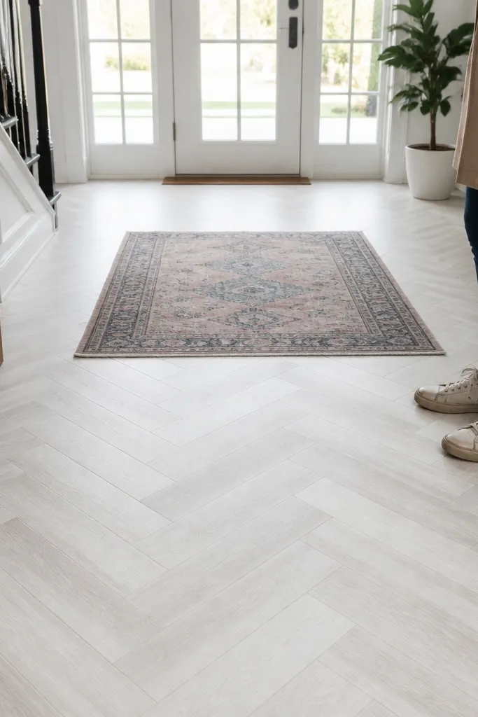 Whitewashed herringbone peel-and-stick tiles in a compact entry corner