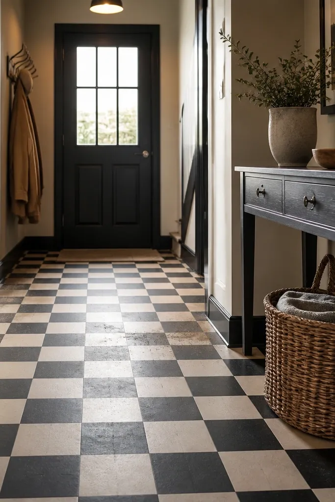 Black and cream checkerboard vinyl tiles in an entry with a small bench