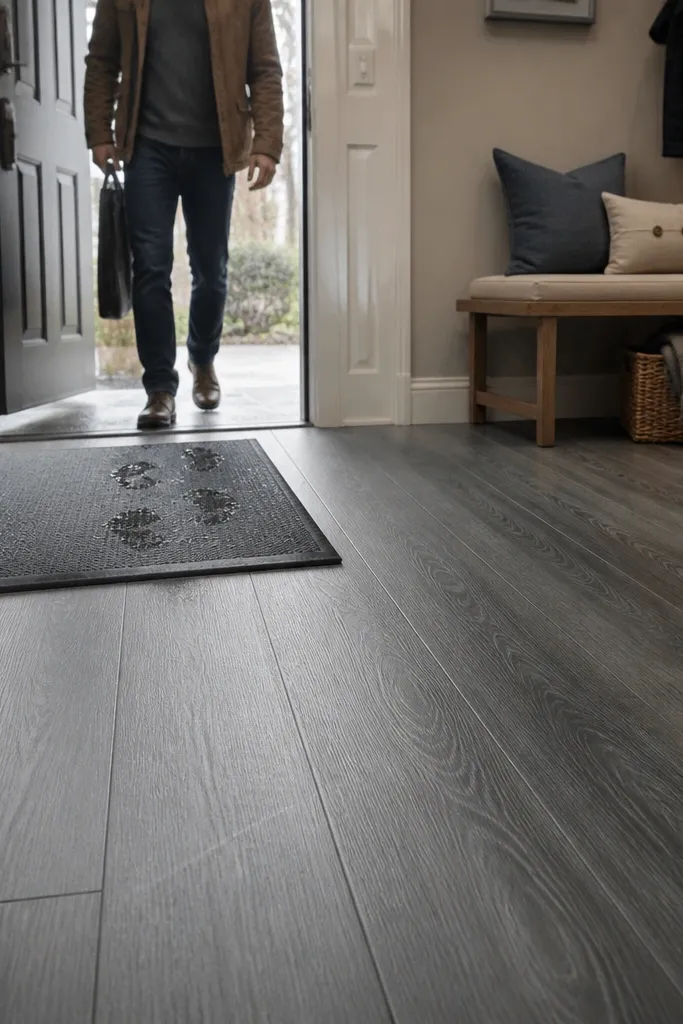 Smoky slate gray planks with subtle bevel lines in a modern entry