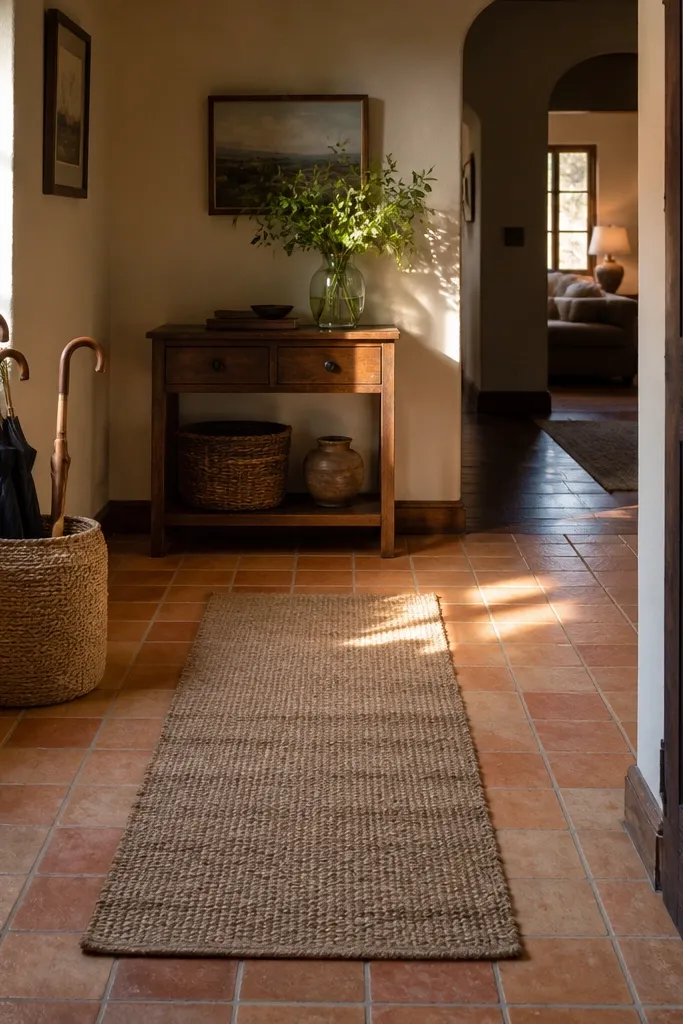Terracotta square tiles with warm speckle pattern in a sunlit entry
