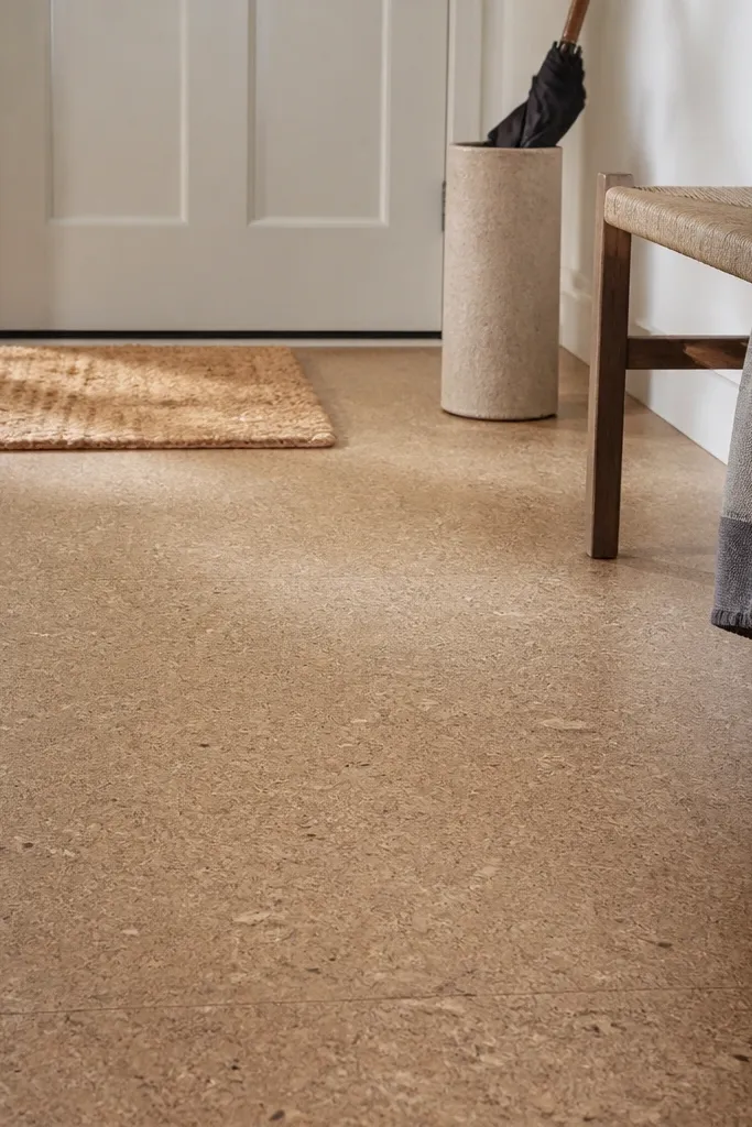 Light cork floor tiles with a matte finish in a cozy entry
