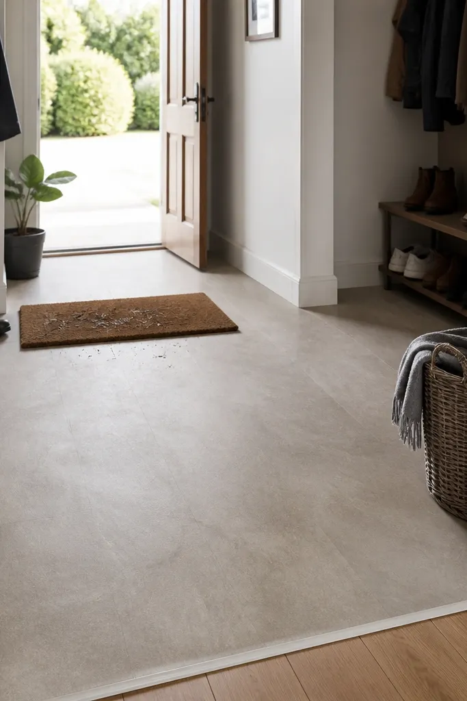 Single-piece vinyl sheet style floor with clean seams in an entry