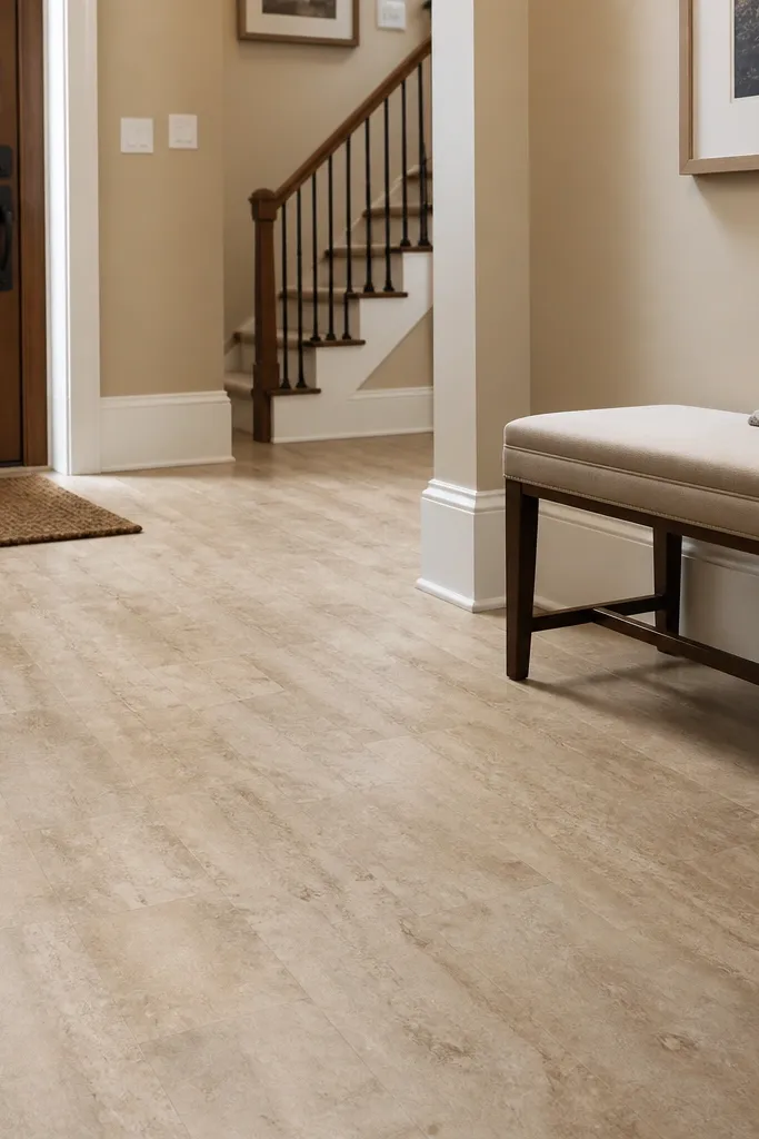 Warm beige travertine-look planks with matte honed texture in an entry
