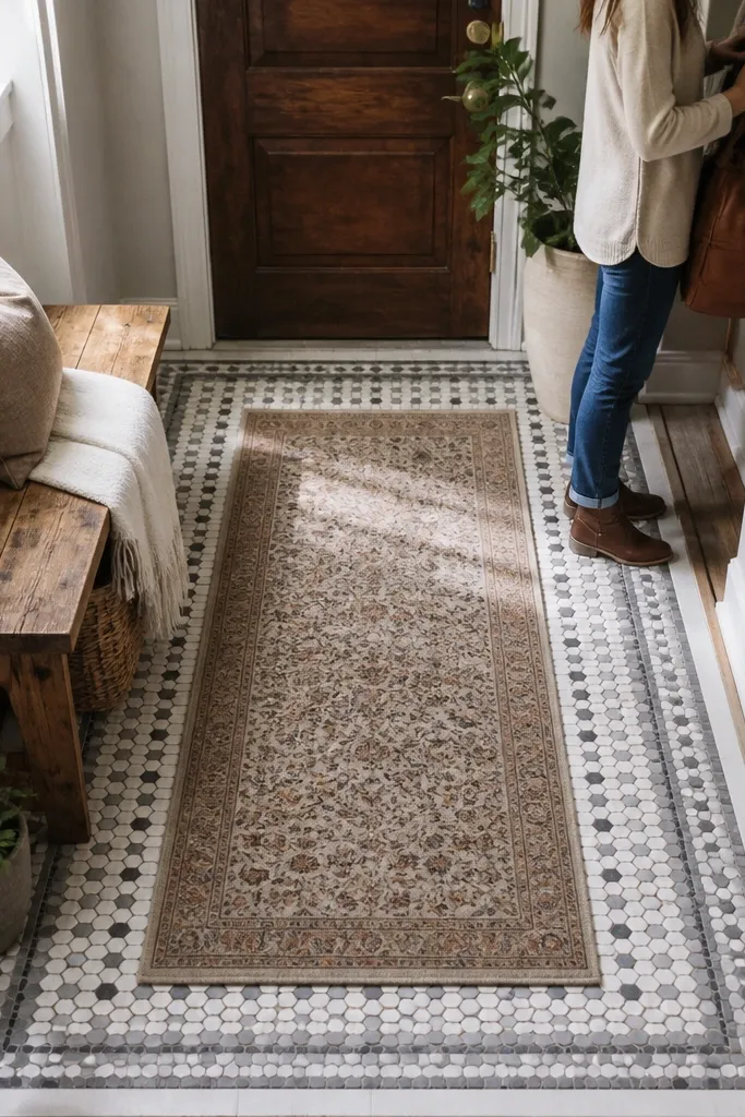 Border tile pattern framing a central entry rug area