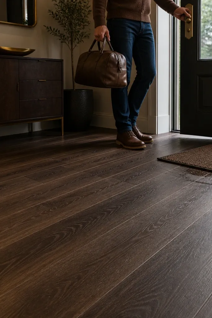 Dark walnut LVP with visible brushed wood texture in an entry