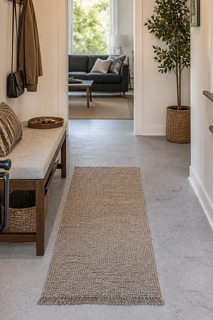 Light gray cement-look floor planks with speckle pattern in a modern entry