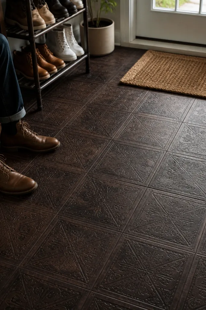 Espresso faux leather textured vinyl tiles in a dramatic entry