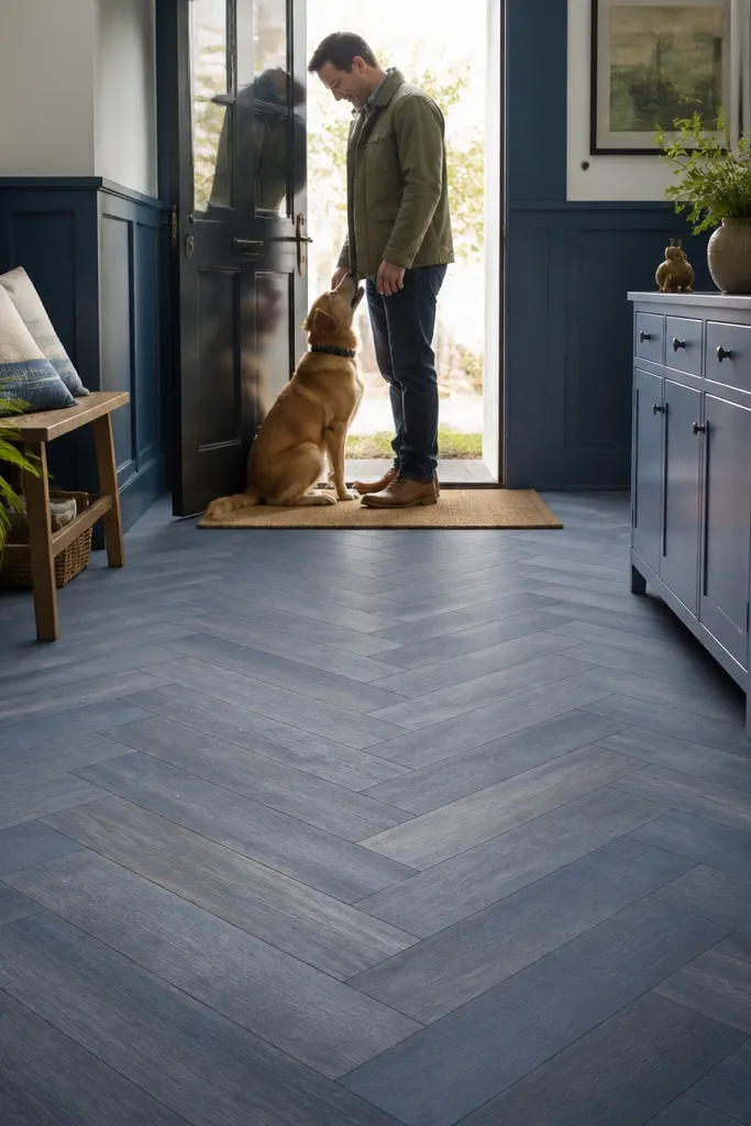 Smoky blue herringbone vinyl planks with warm undertone in an entry