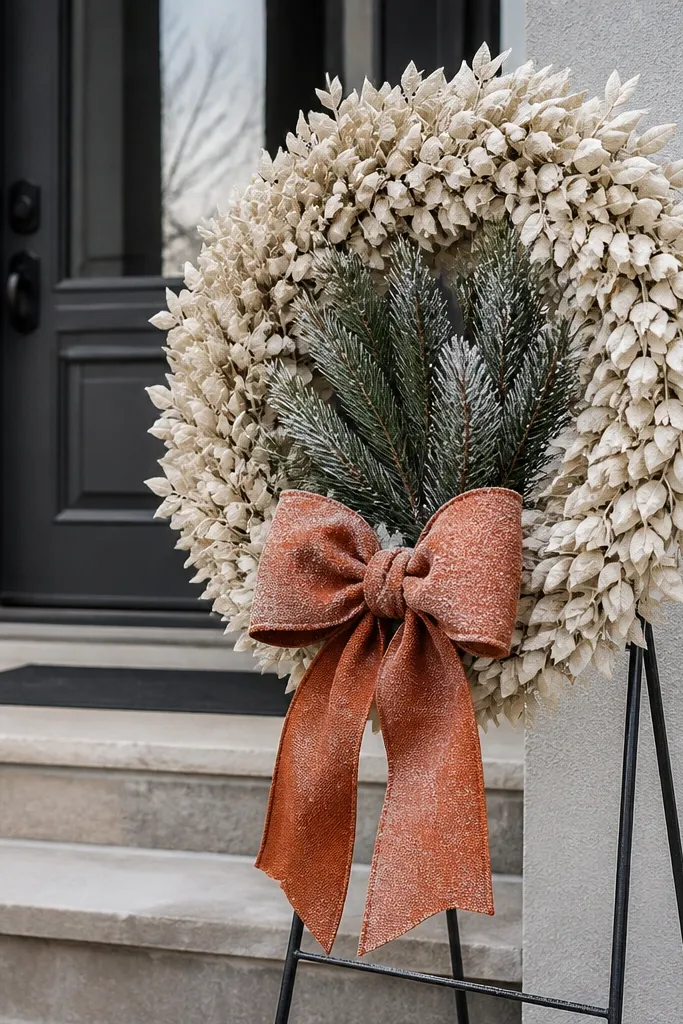 Cream wreath on a dark door with pine sprig picks and a rust ribbon bow