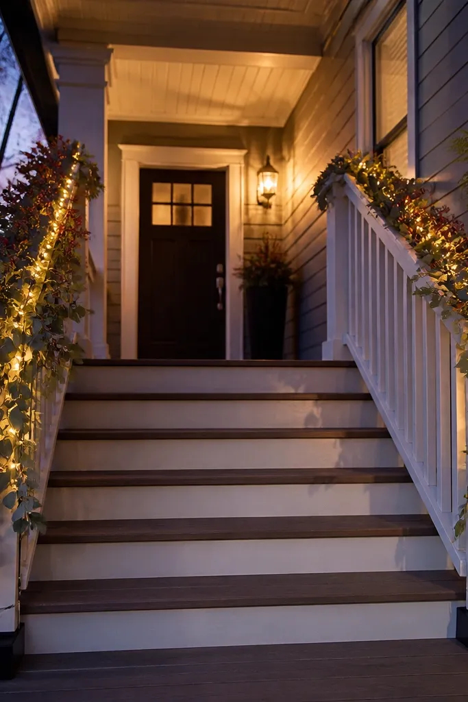 Green rail garland with berry stems and warm white lights along a porch railing