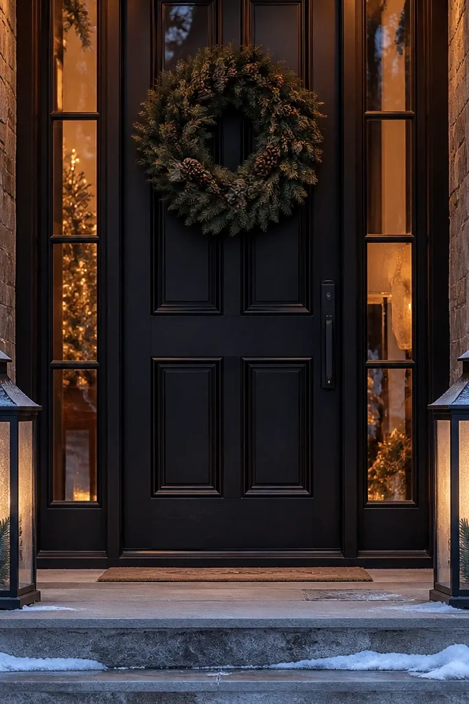 Two lanterns flanking a porch welcome mat with small pine sprigs