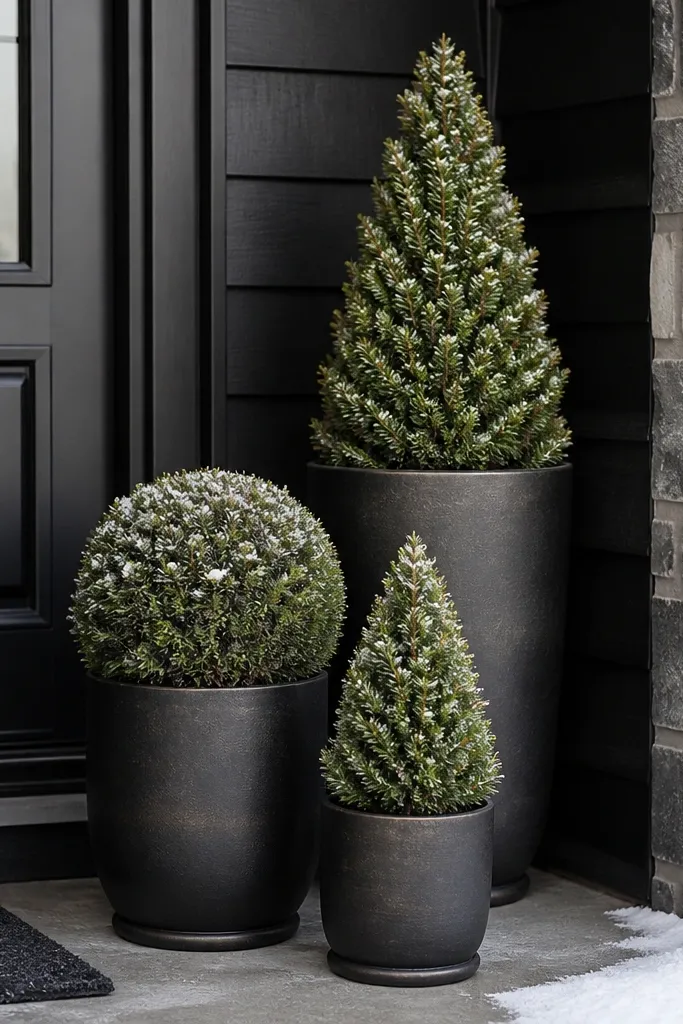 Three weighted planters with evergreen faux topiary and snow-speckle accents near the door