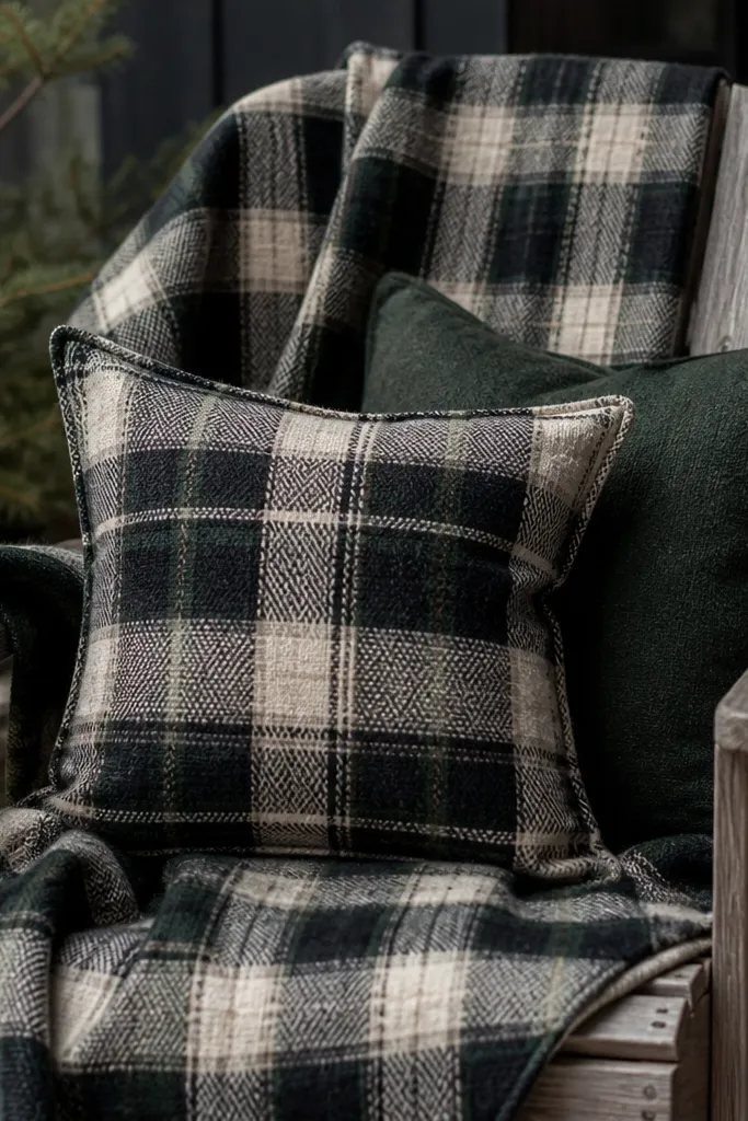 Plaid pillows on a porch chair with a wool-blend runner in front