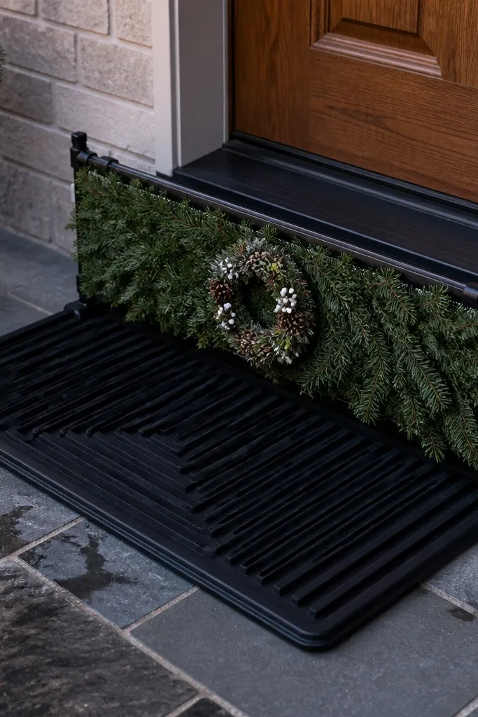Door mat with boot pattern and a small evergreen sign near the wreath