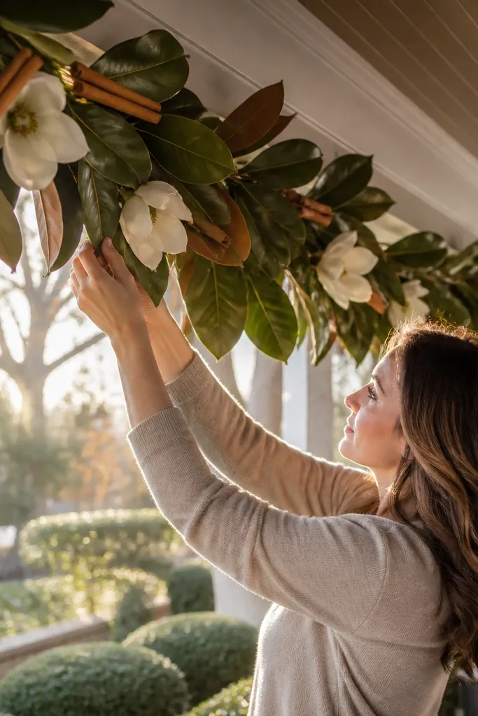 Faux magnolia garland draped along a porch beam with cinnamon-colored accents