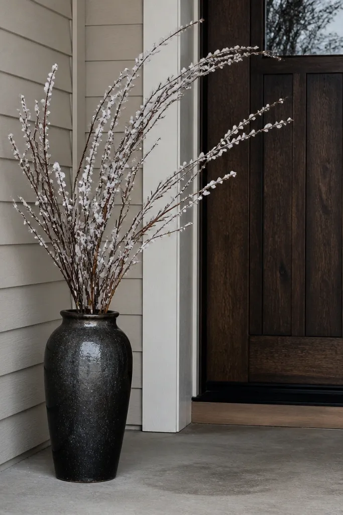 Tall floor vase with snow-dusted faux branches near the porch door