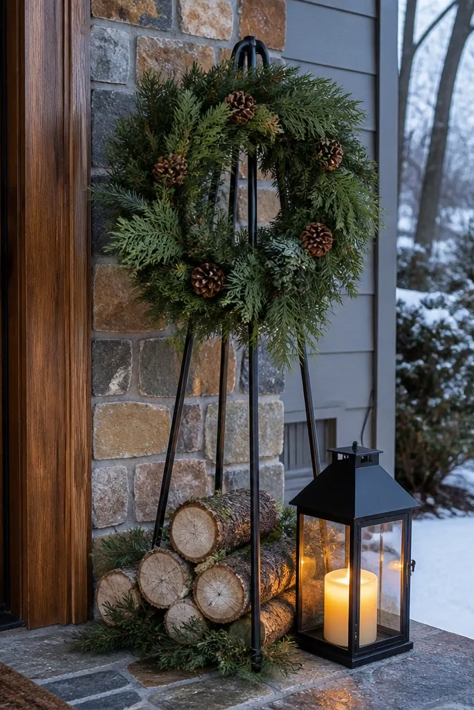 Wreath on a stand with stacked faux pine logs and a lantern by the door