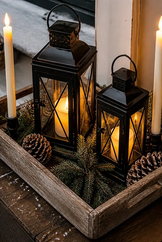 Black lanterns and cream taper candles arranged on a removable tray near a porch step