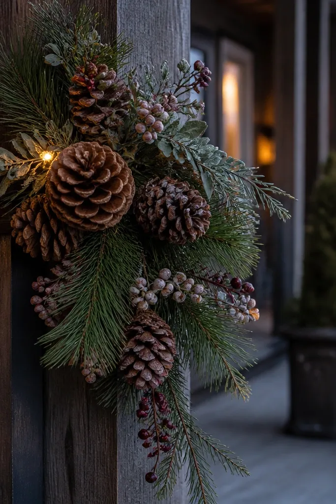 Pinecone and berry swag hanging at a porch corner with a small light
