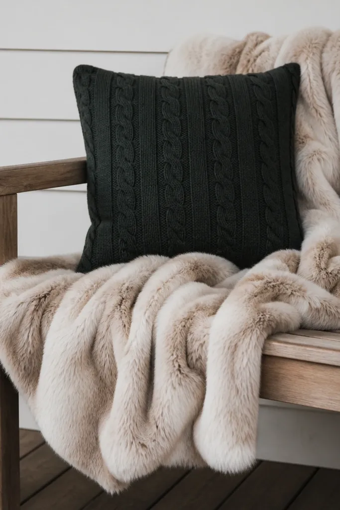 Faux fur throw and cable knit pillow on a porch bench with winter greenery nearby