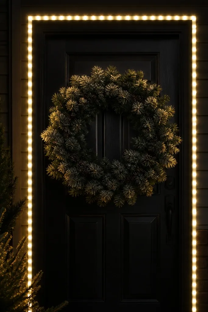 Warm LED lights outlining a door wreath area around the entry