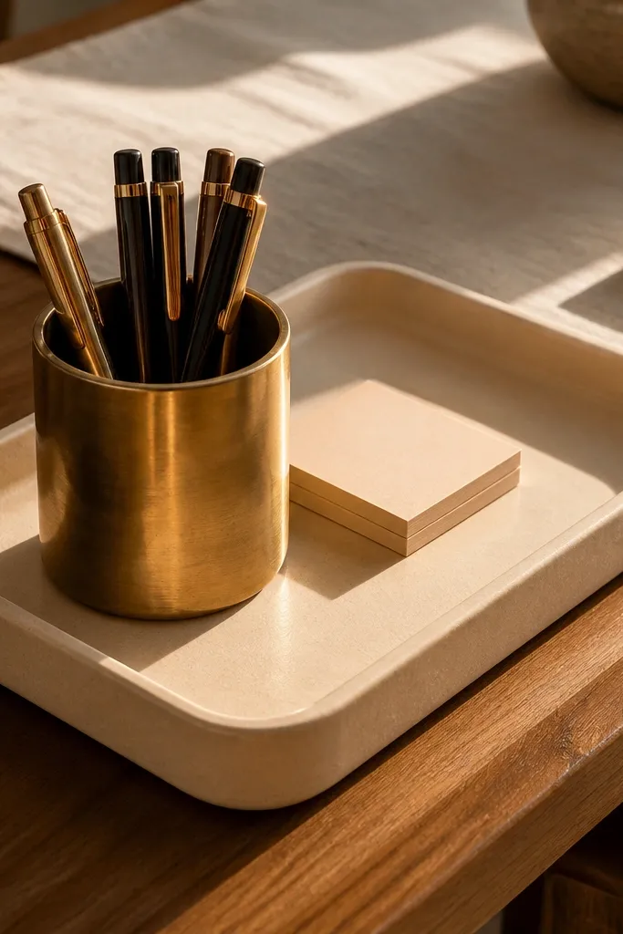 Cream tray on a study table with brass pen cup and neatly arranged stationery
