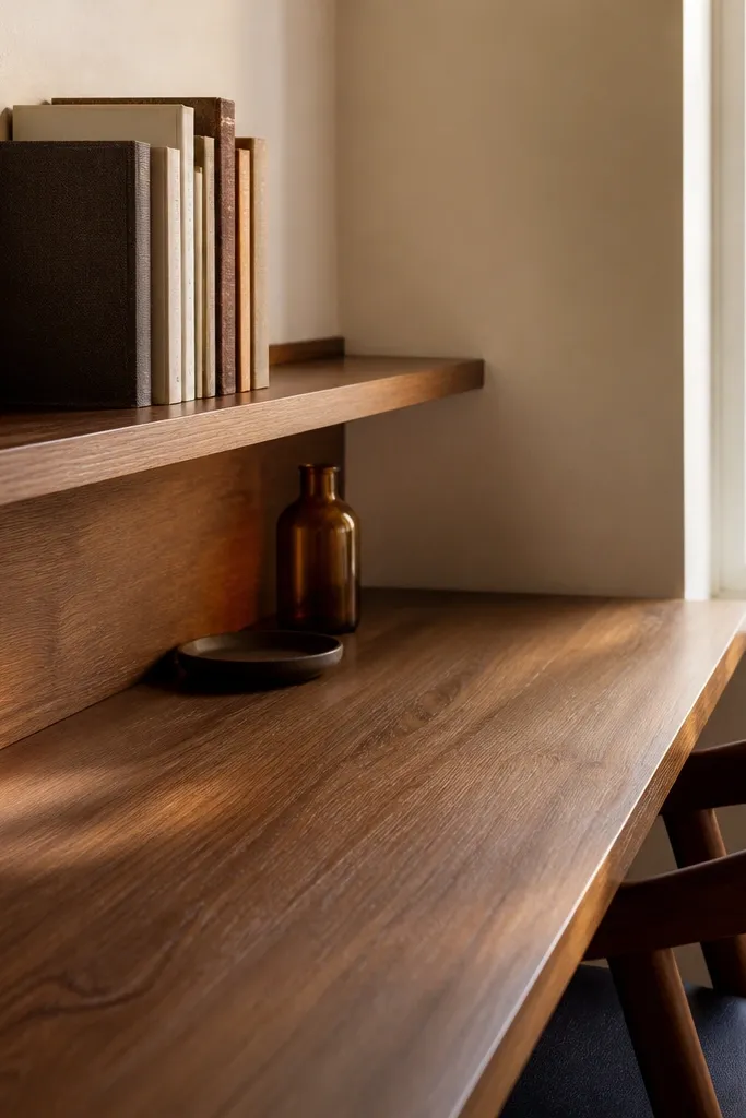 Books standing upright on a small tabletop ledge above a study desk